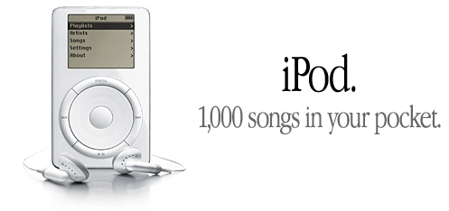 Apple advertisement for the ipod with words '1000 songs in your pocket'