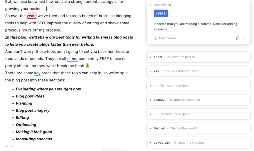 Grammarly in use editing a blog post